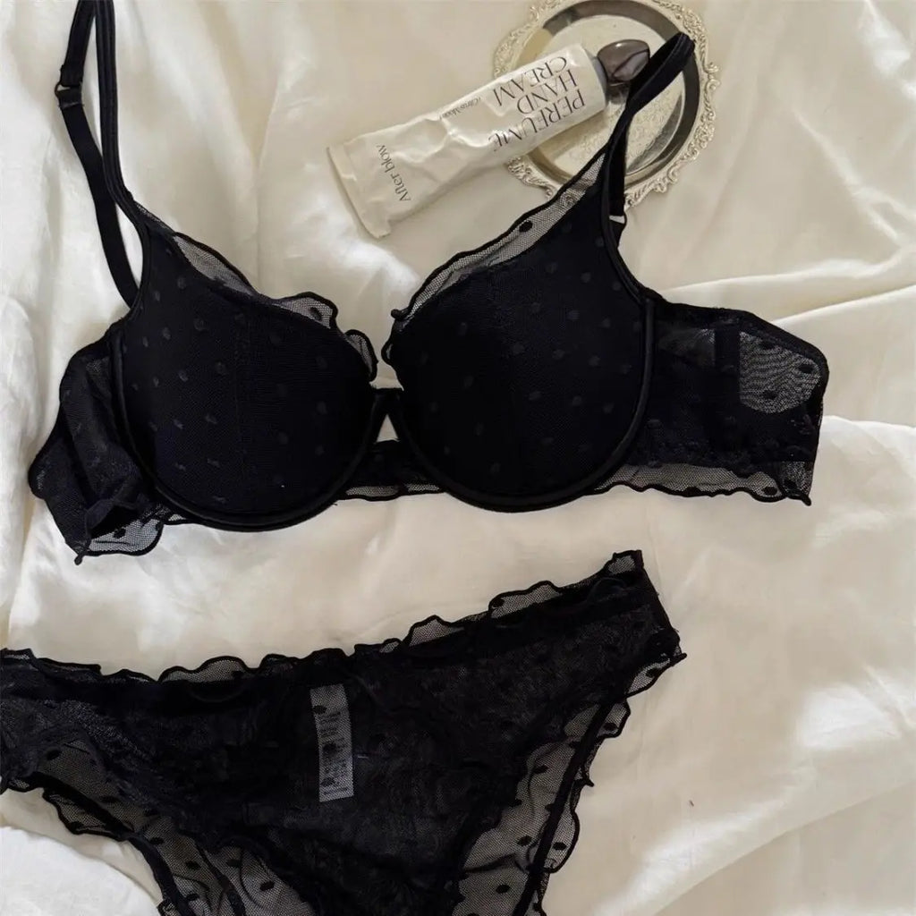 Classic Black Polka Dot Mesh Underwire Bra and Scalloped Panty Set