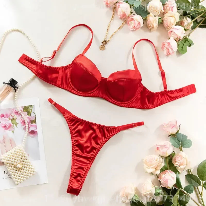 Lustrous Ruched Satin Demi Bra and Minimalist String Thong Set