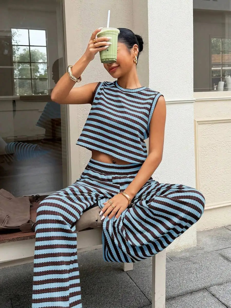 Women's Striped Sleeveless Top and Wide Leg Pants Relaxed Matching Set