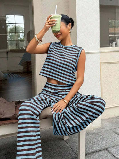 Women's Striped Sleeveless Top and Wide Leg Pants Relaxed Matching Set