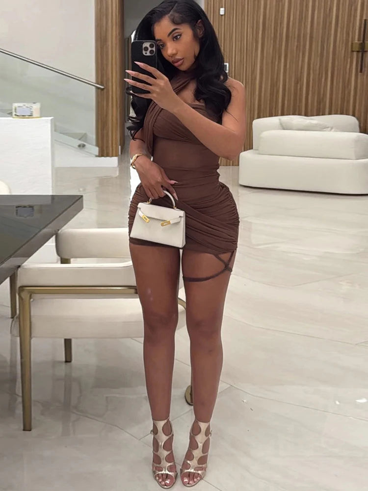 Asymmetrical Cutout Bodycon Mini Dress with Halter Strap Y2K Clubwear Style