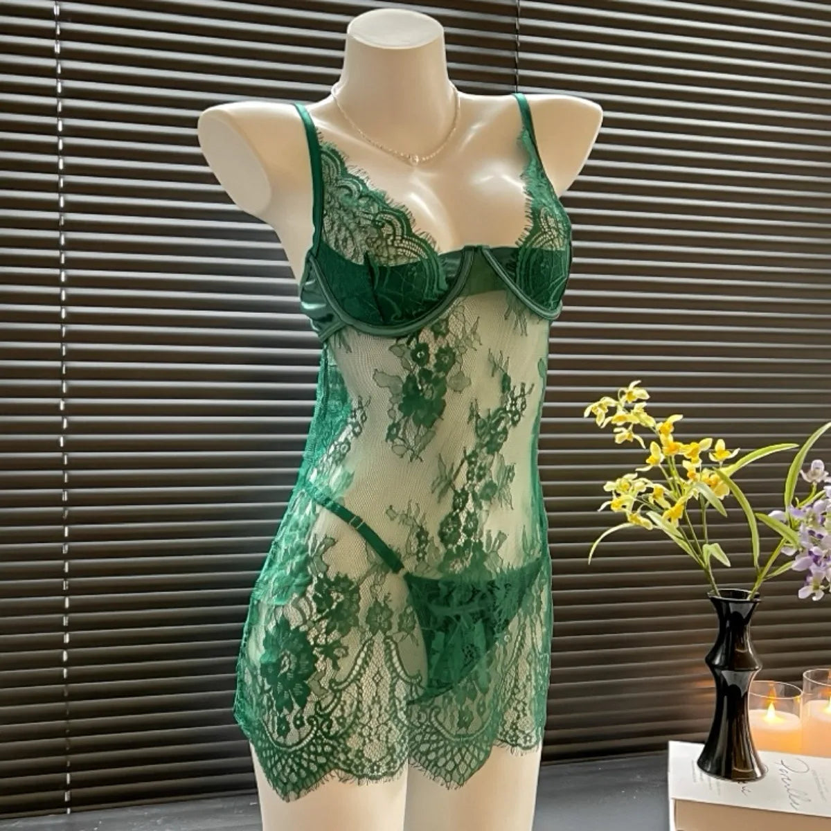 Emerald Green Sheer Floral Lace Mini Dress with Defined Cups
