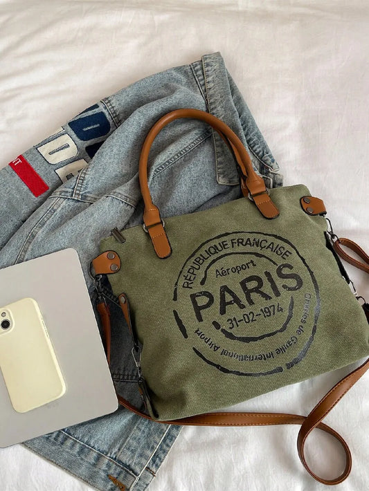 Vintage Inspired Canvas Tote Crossbody Bag with Graphic Print Design