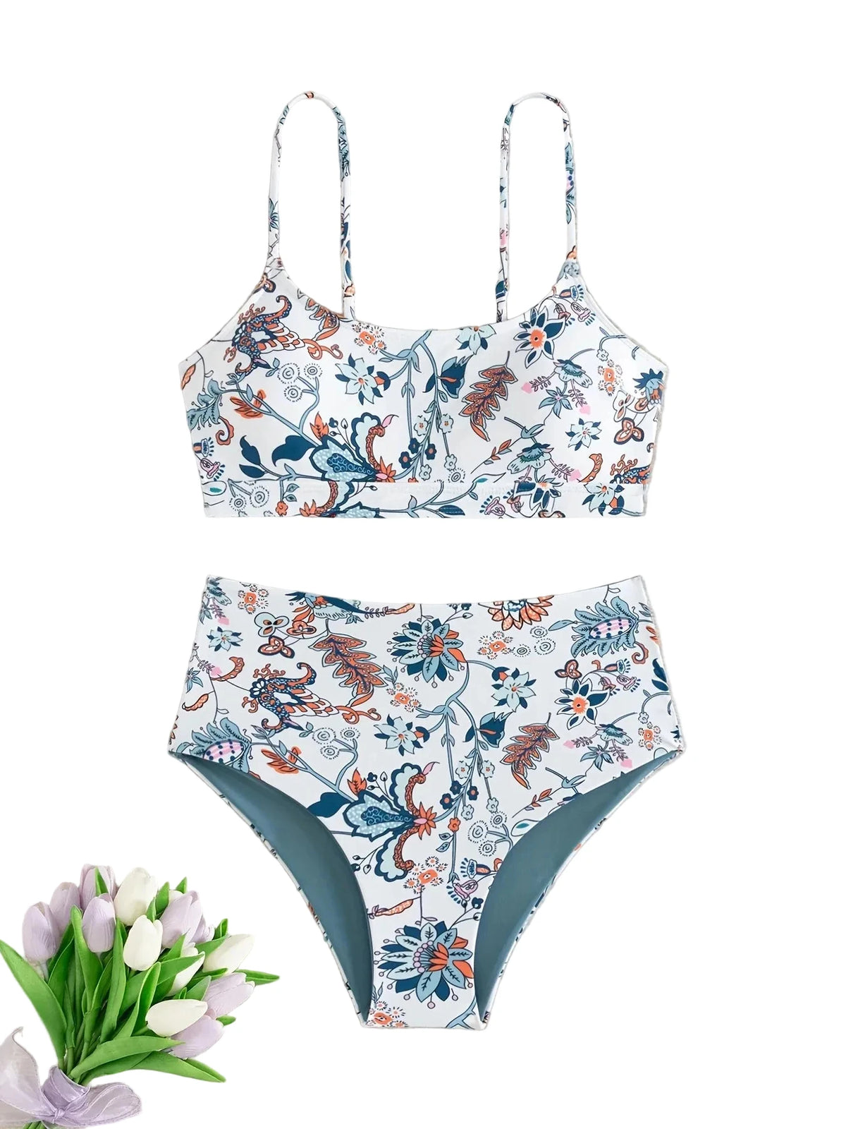 Vintage-Inspired Floral Print High-Waisted Bikini with Bralette Top