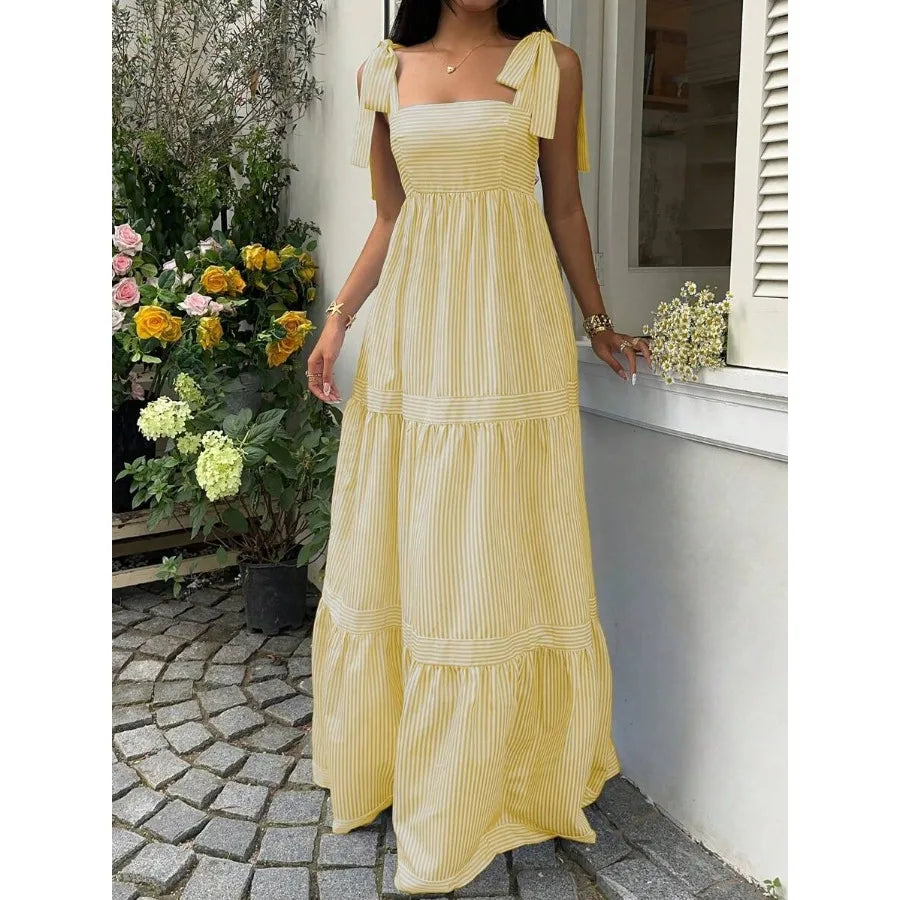 Square Neck Sleeveless Maxi Dress with Open Back and Tie Detail
