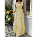 Square Neck Sleeveless Maxi Dress with Open Back and Tie Detail