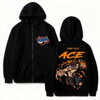 Anime-Inspired Flame Warrior Zip Hoodie with Manga Streetwear Graphic Design