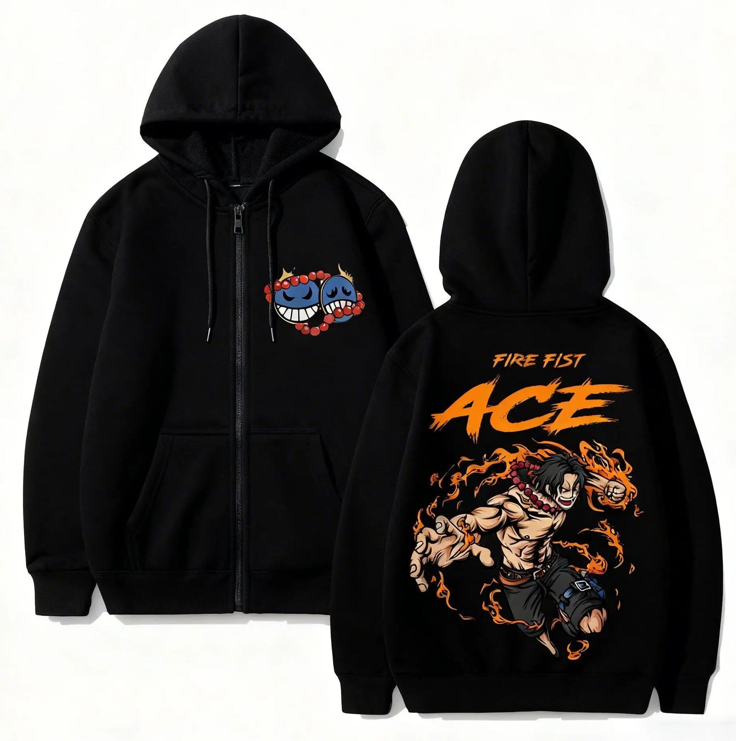 Anime-Inspired Flame Warrior Zip Hoodie with Manga Streetwear Graphic Design