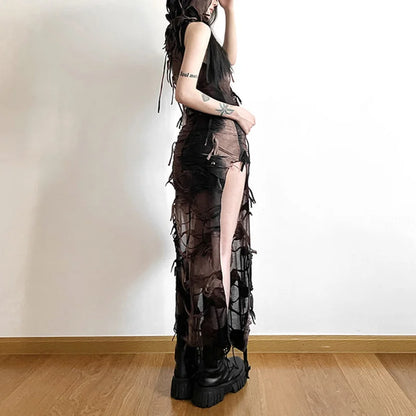 Sheer Gothic Maxi Dress with Elegant Alternative Grunge Aesthetic