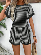 Striped Batwing Sleeve Top and Shorts Casual Summer Co-Ord Set