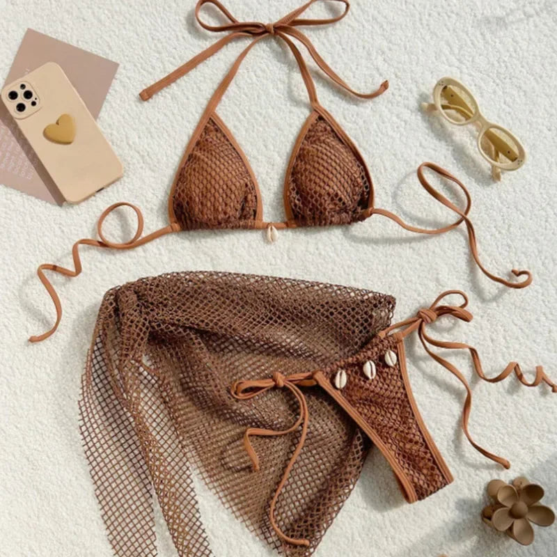 Earthy Textured Three-Piece Triangle Bikini Set with Cowrie Shell Accents and Net Skirt