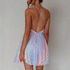 Iridescent Pastel Sequin Deep V-Neck Flared Mini Dress