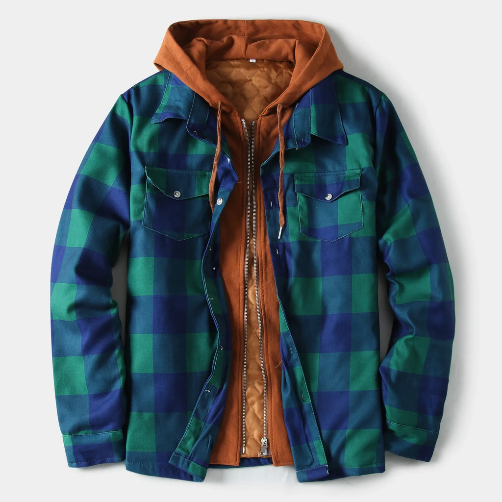 Men's Relaxed Fit Plaid Hooded Overshirt Jacket with Utility Pockets for Casual Streetwear