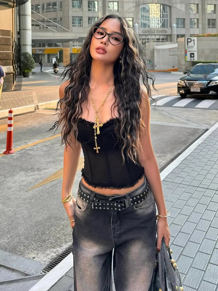 Strapless Corset Crop Top with Structured Seam Detail and Slim Fit Streetwear Style