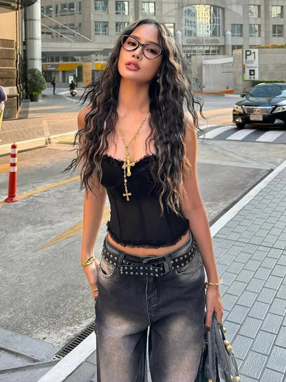 Strapless Corset Crop Top with Structured Seam Detail and Slim Fit Streetwear Style