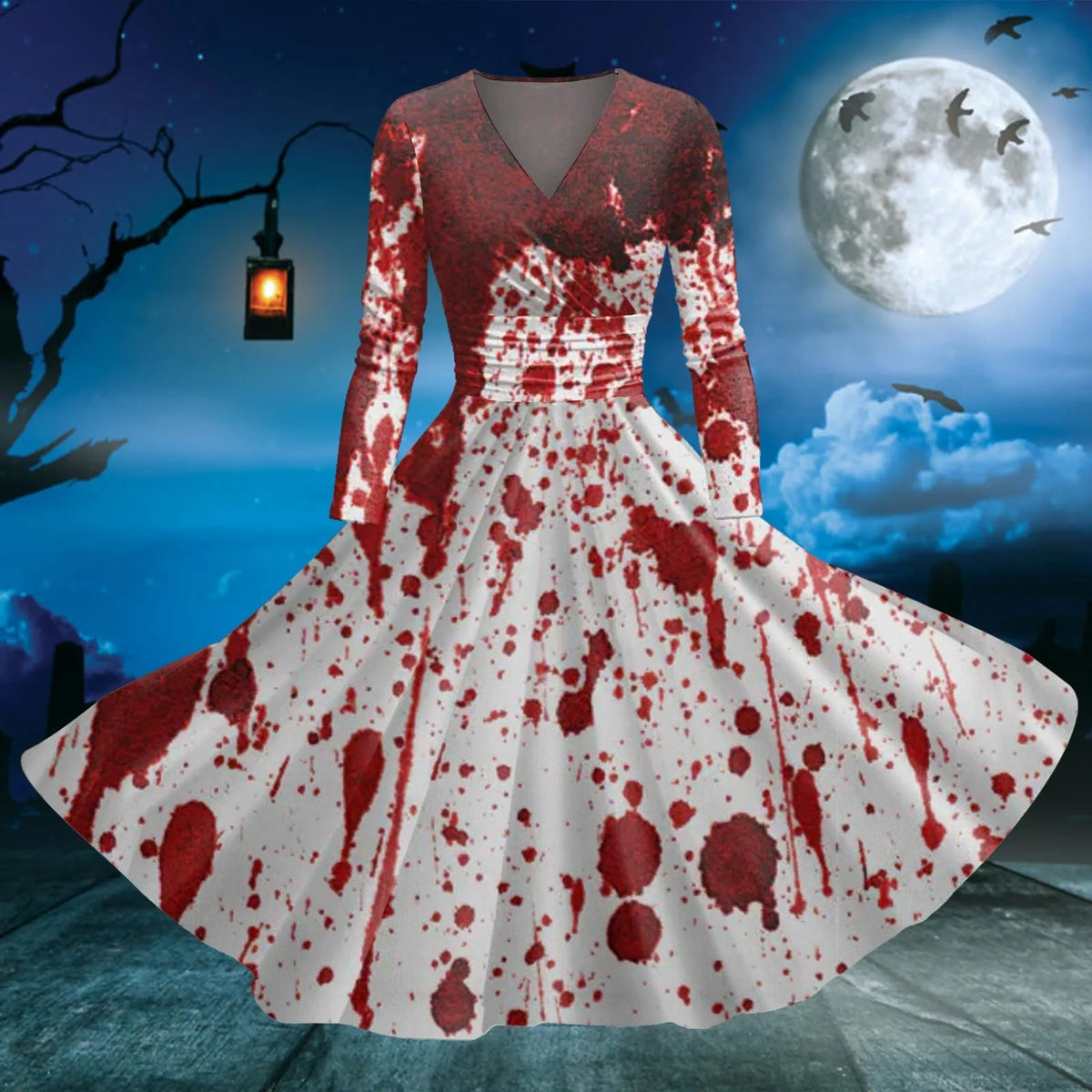 Dark Gothic Blood Print Fit and Flare Alternative Fashion Midi Dress - BigCat Streetwear