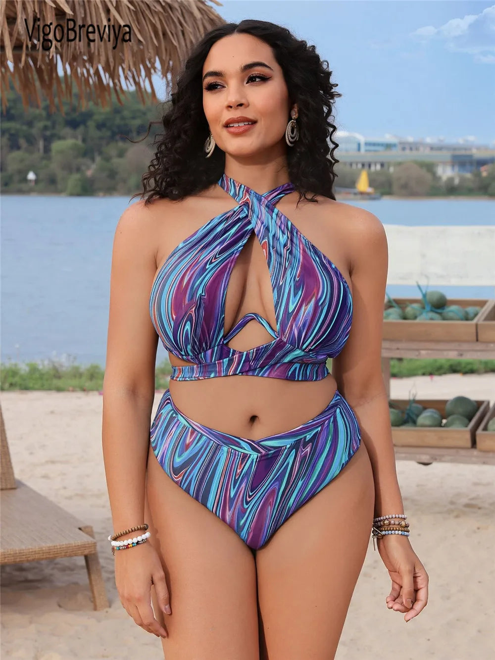 Abstract Swirl Print Halter Swimsuit with Keyhole Cutout and High-Waisted Silhouette