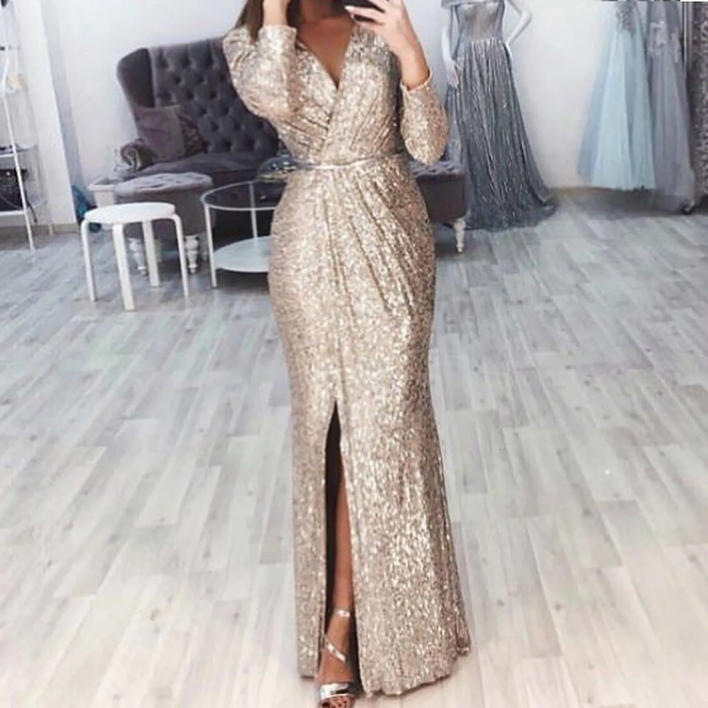 Textured Long Sleeve Maxi Dress With Sculpted Fit And Slit