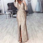 Textured Long Sleeve Maxi Dress With Sculpted Fit And Slit