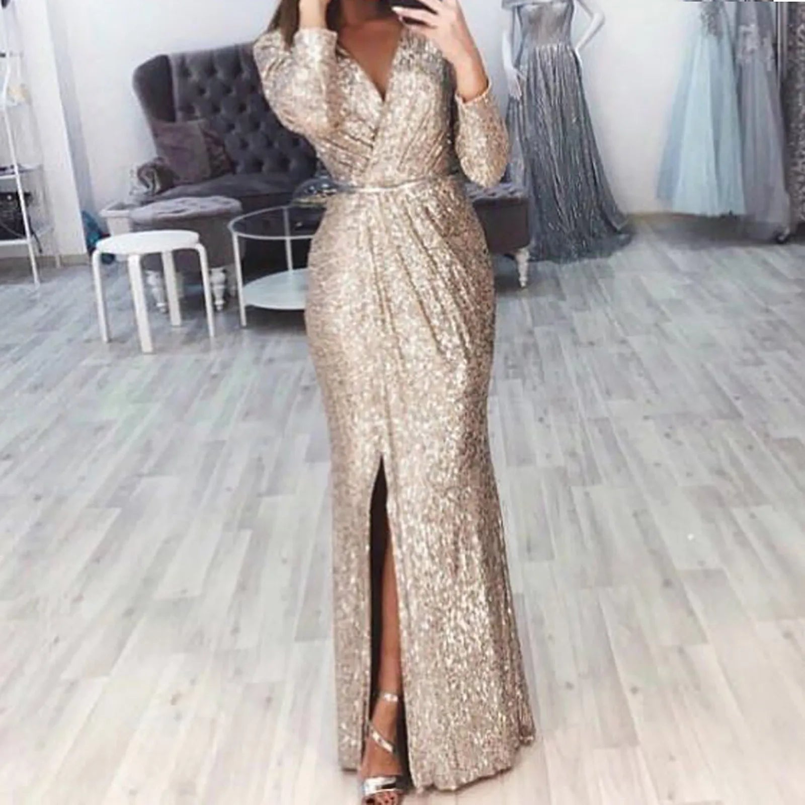 Textured Long Sleeve Maxi Dress With Sculpted Fit And Slit