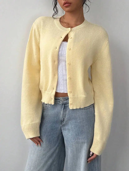 Women's Cropped Crew Neck Relaxed Fit Minimalist Knit Sweater