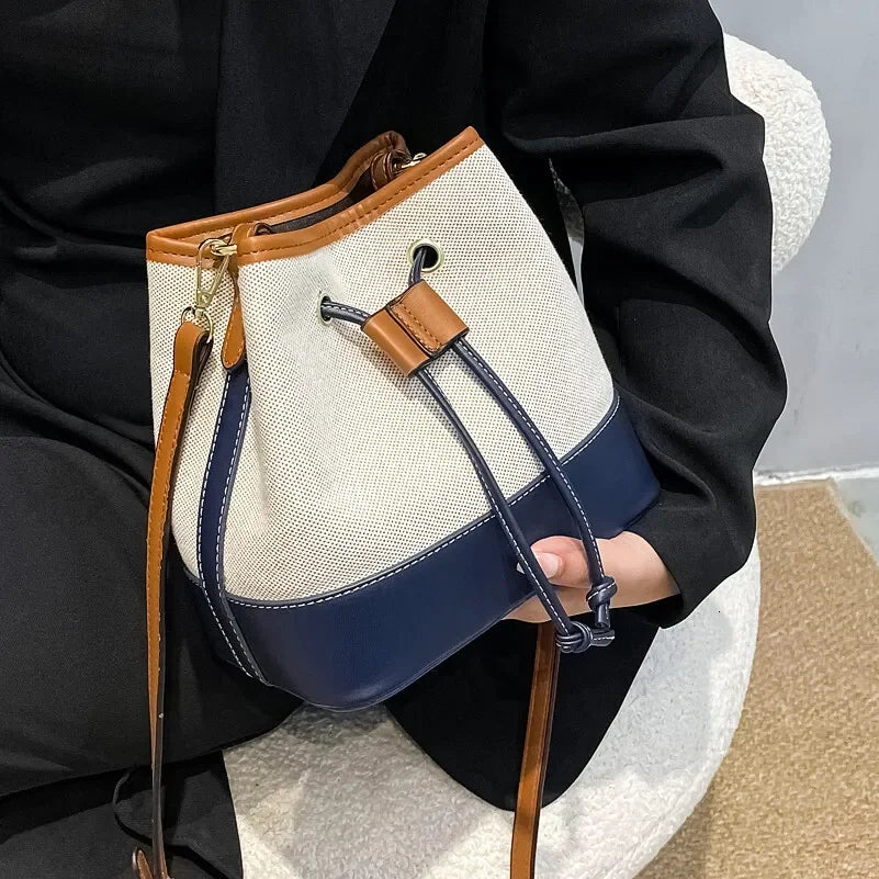 Contrast Panel Bucket Crossbody Shoulder Bag with Drawstring Closure