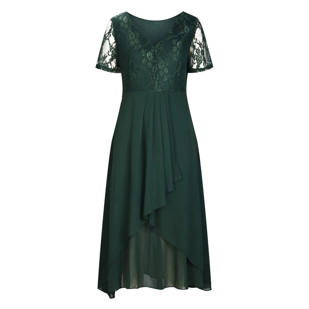 V-Neck Lace Detail Chiffon Maxi Dress with Short Sleeves and A-Line Fit