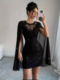 Glamorous Black Glitter Mini Dress with Sheer Lace Yoke and Flowing Cape Sleeves