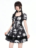 Women's Gothic-Inspired Graphic Print Mini Dress with Lace Patchwork and Puff Sleeves