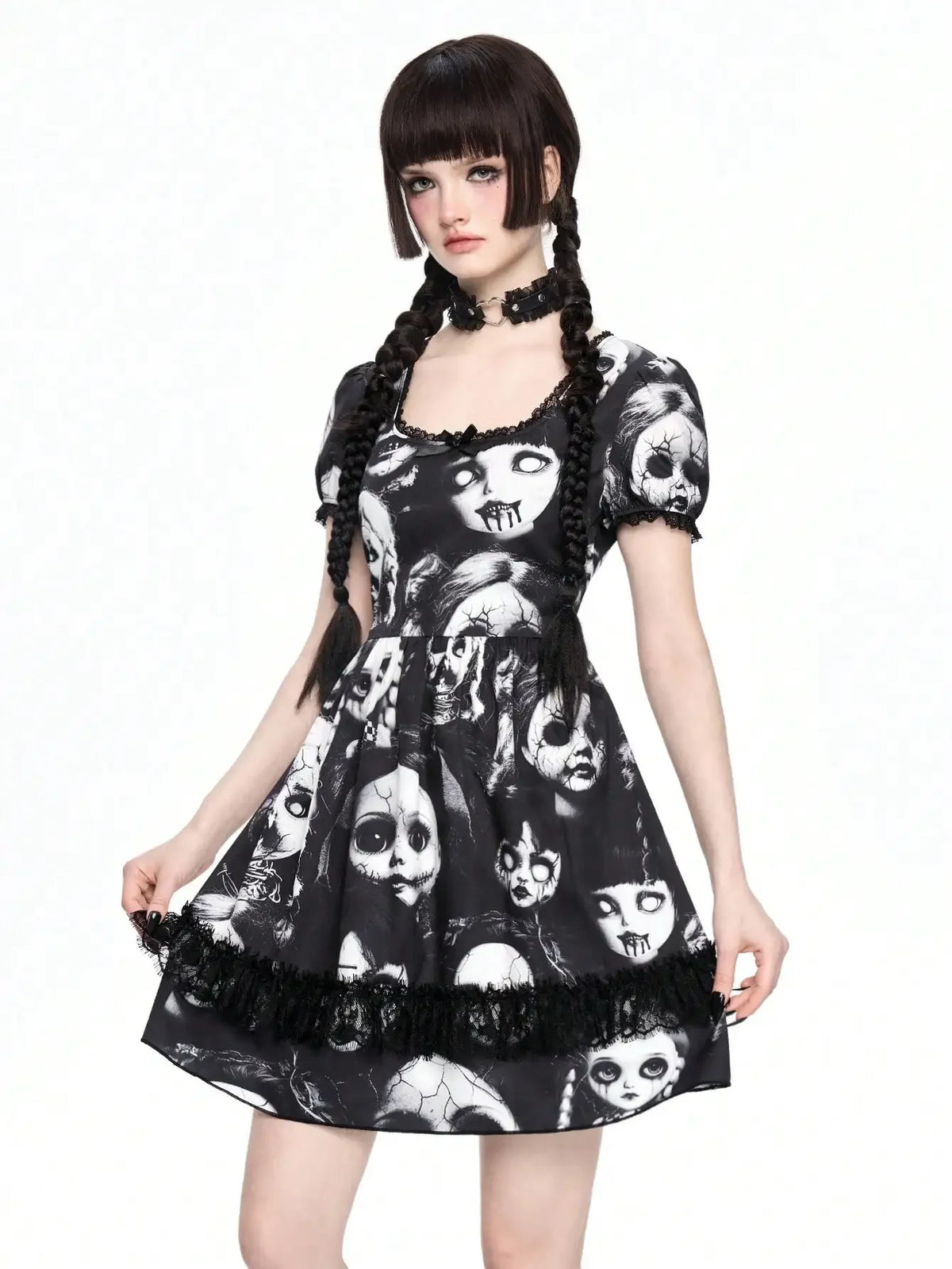 Women's Gothic-Inspired Graphic Print Mini Dress with Lace Patchwork and Puff Sleeves