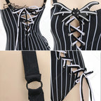 Women's Striped One Piece Swimsuit with Adjustable Shoulder Straps and Matching Choker Accessory