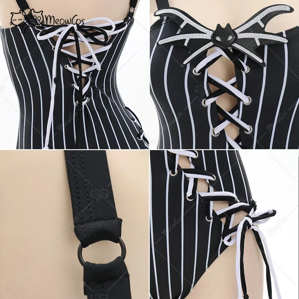Women's Striped One Piece Swimsuit with Adjustable Shoulder Straps and Matching Choker Accessory