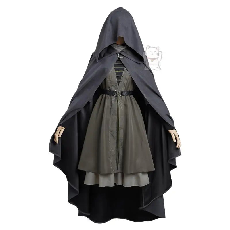 Women's Fantasy-Inspired Hooded Cape Dress Set with Layered Robe and Coordinated Wig