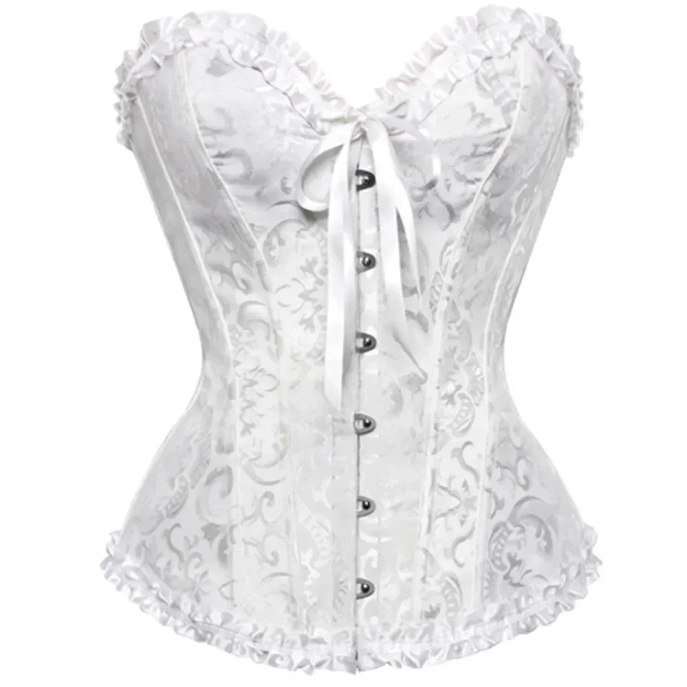 Floral Lace Overbust Corset with Structured Boning and Decorative Bow Detail