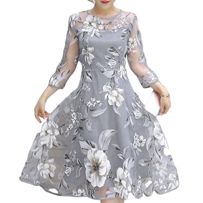 Elegant Floral Embroidered Mesh Overlay Alternative Occasion Midi Dress