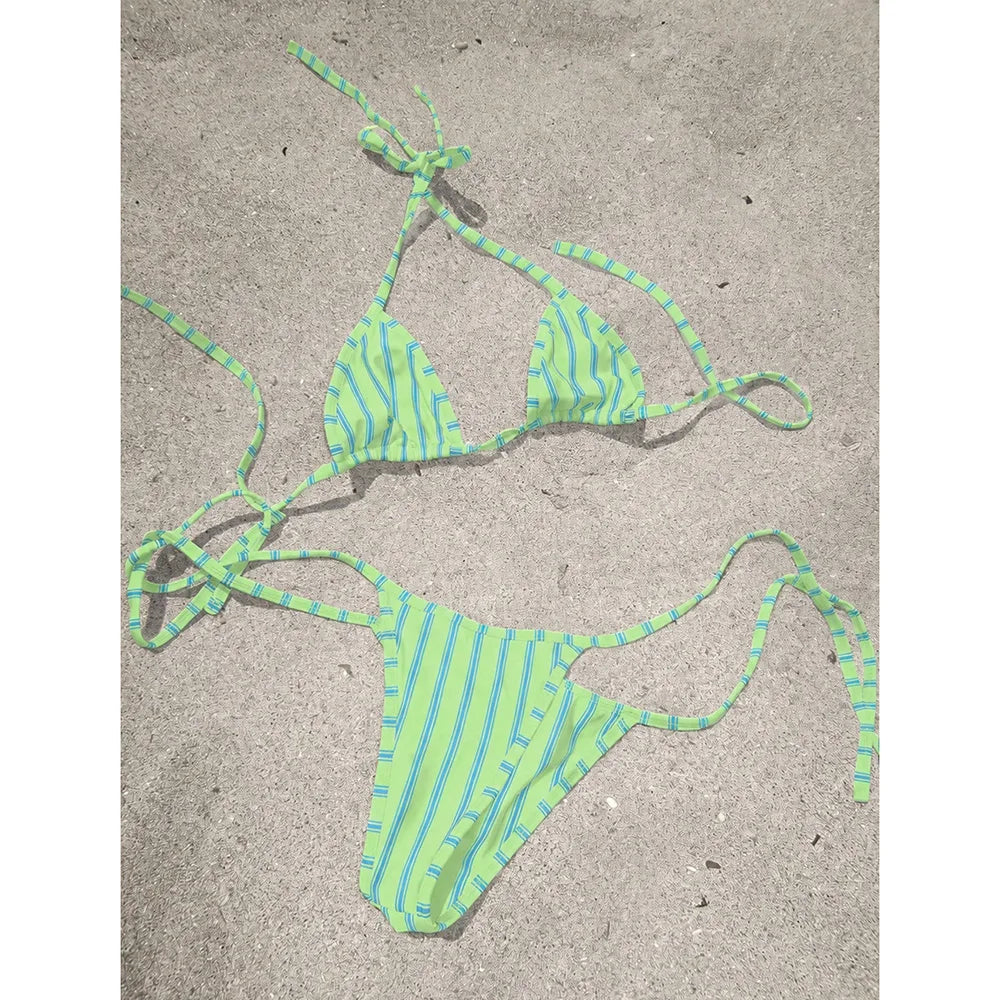 Crimson and Gold Vertical Striped Triangle String Bikini