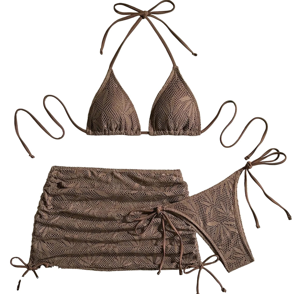 Textured Brown Three-Piece Triangle Bikini Set with Matching Ruched Skirt