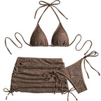 Textured Brown Three-Piece Triangle Bikini Set with Matching Ruched Skirt