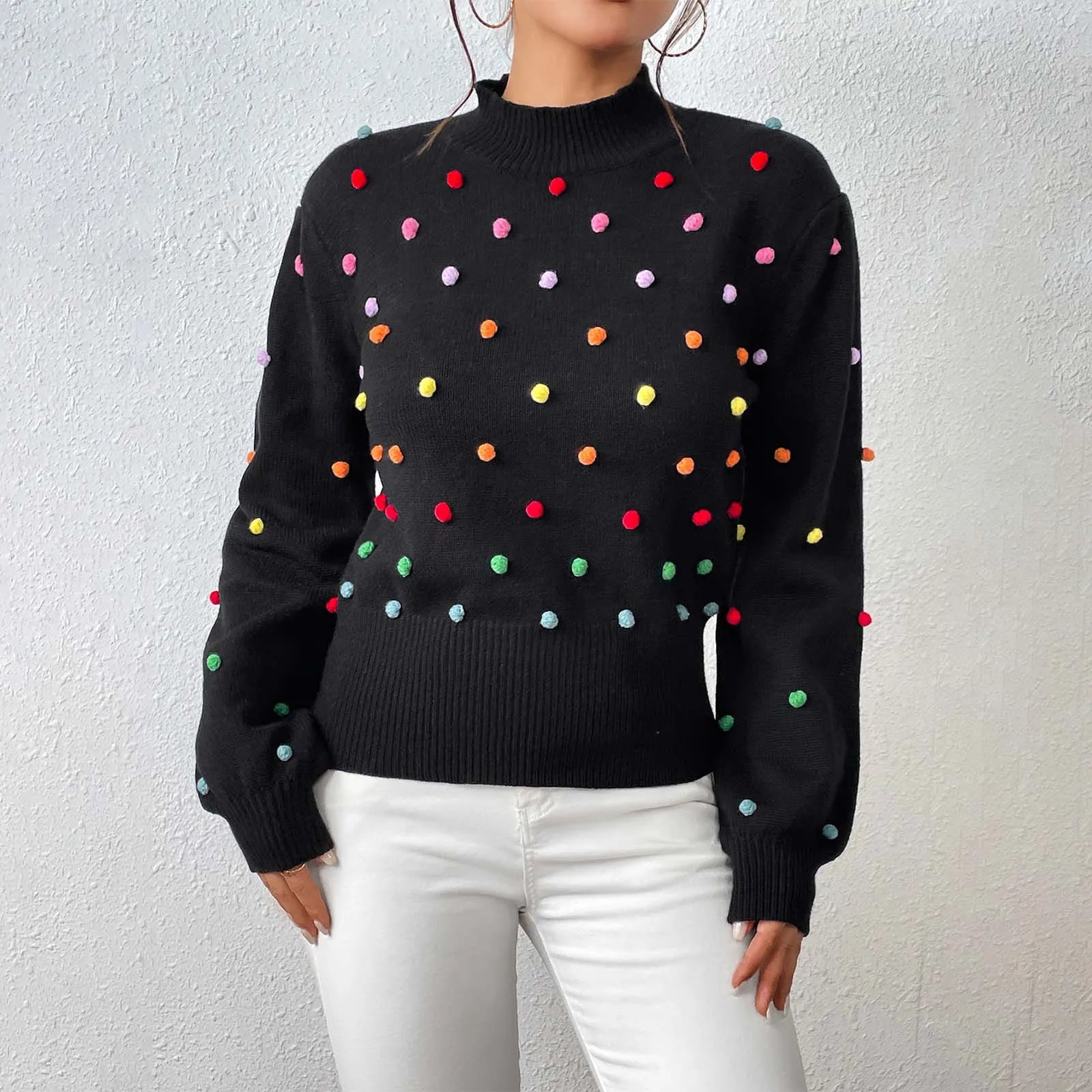 Women's Polka Dot Textured Knit Relaxed Fit Contemporary Sweater Pullover