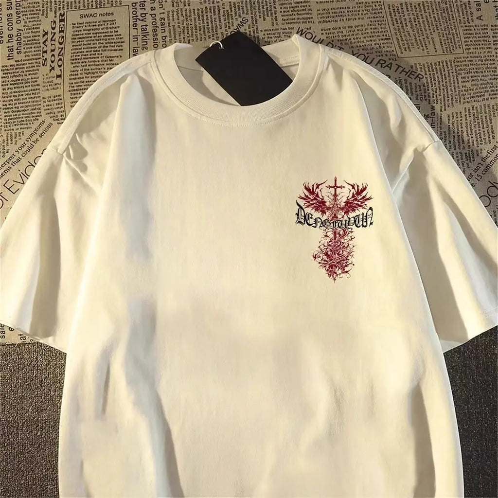 Oversized Gothic Cross Graphic Streetwear T-Shirt with Distressed Artwork Print