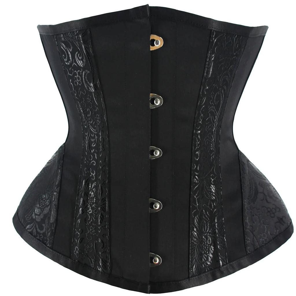 Black Underbust Corset Waist Cincher with Textured Floral Side Panels