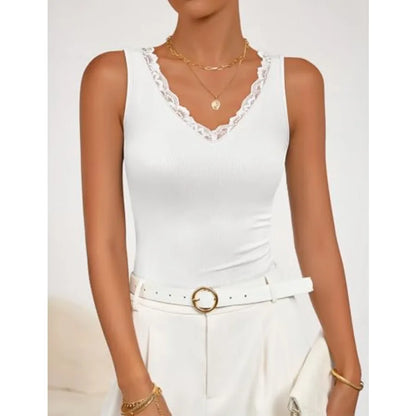 Ribbed Lace Trim Tank Top with V-Neck Slim Fit Casual Everyday Style