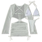 Three-Piece Crisp White String Bikini Set with Sheer Mesh Long-Sleeve Cover-Up