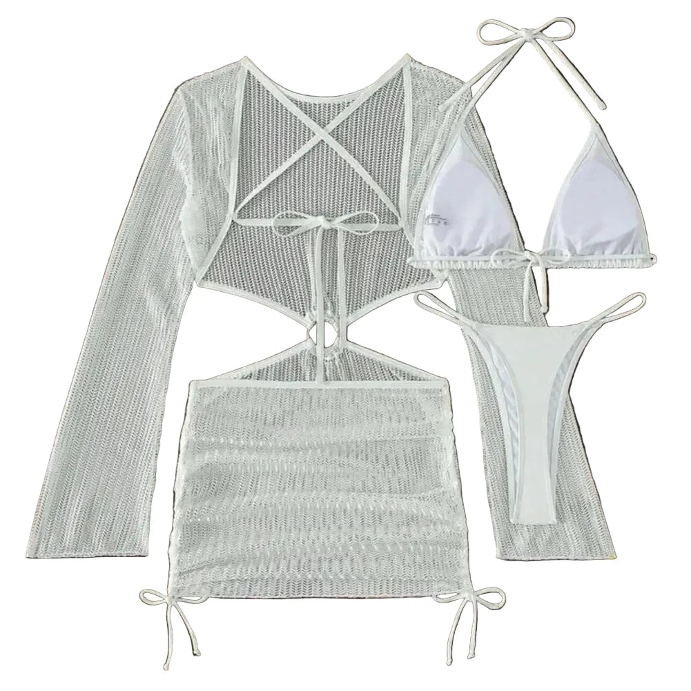 Three-Piece Crisp White String Bikini Set with Sheer Mesh Long-Sleeve Cover-Up
