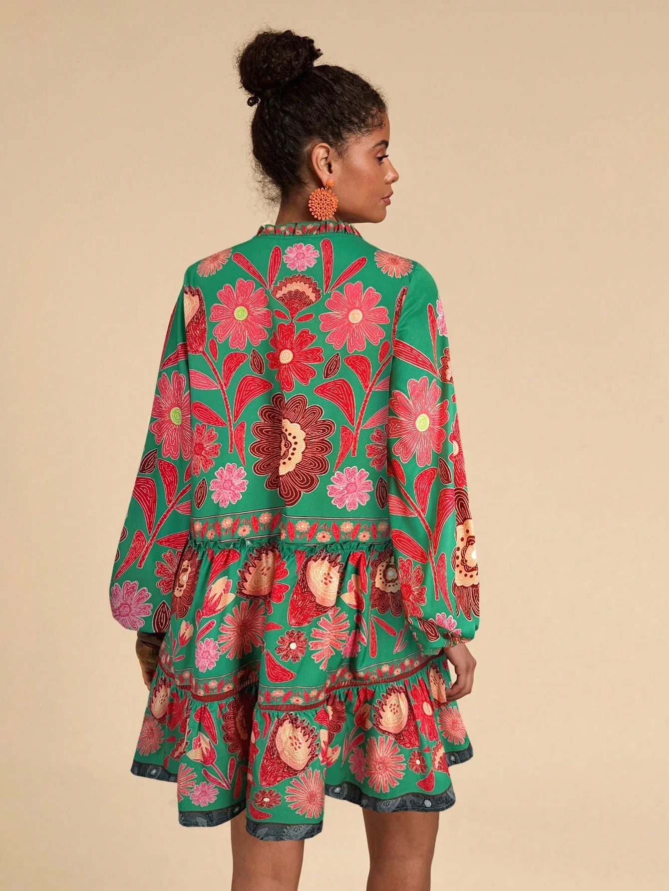 Bohemian Floral Print Lantern Sleeve Smock Mini Dress With Relaxed A-Line Silhouette