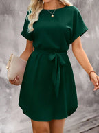 Batwing Sleeve Waist Tie Mini Dress with Relaxed A-Line Silhouette