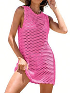 Black Crochet Backless Beach Cover-Up Dress with Hollow-Out Knit Design, Sleeveless Silhouette and Mini Length