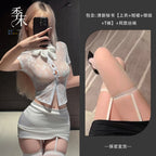 Crisp White Sheer Lace Top and Fitted Skirt Set with Attached Garters