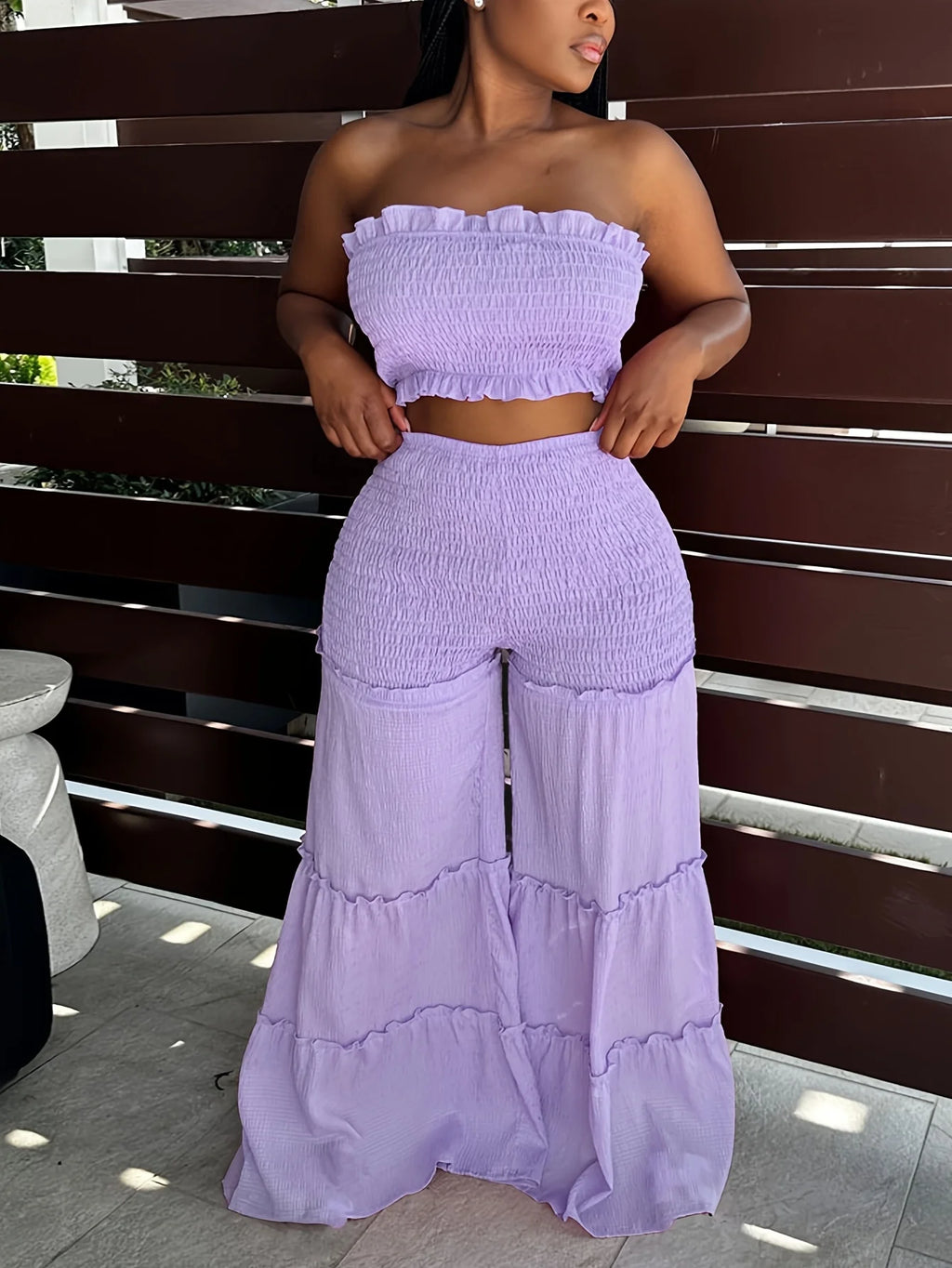 Women's Smocked Tube Top and Wide Leg Pants Co-Ord Set