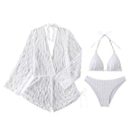 Three-Piece White String Bikini Set with Lace Long-Sleeve Cover-Up